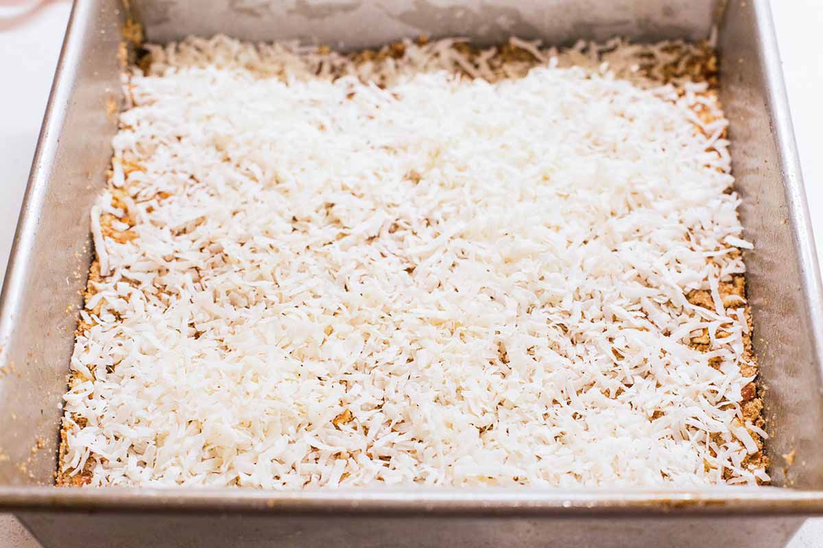 Magic Bars with Peanut Butter and Pretzels add the coconut