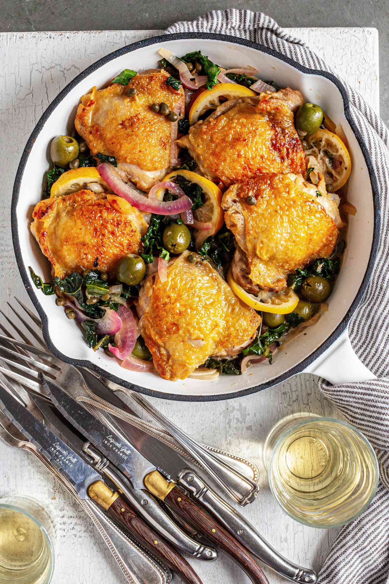 Golden chicken on skillet.