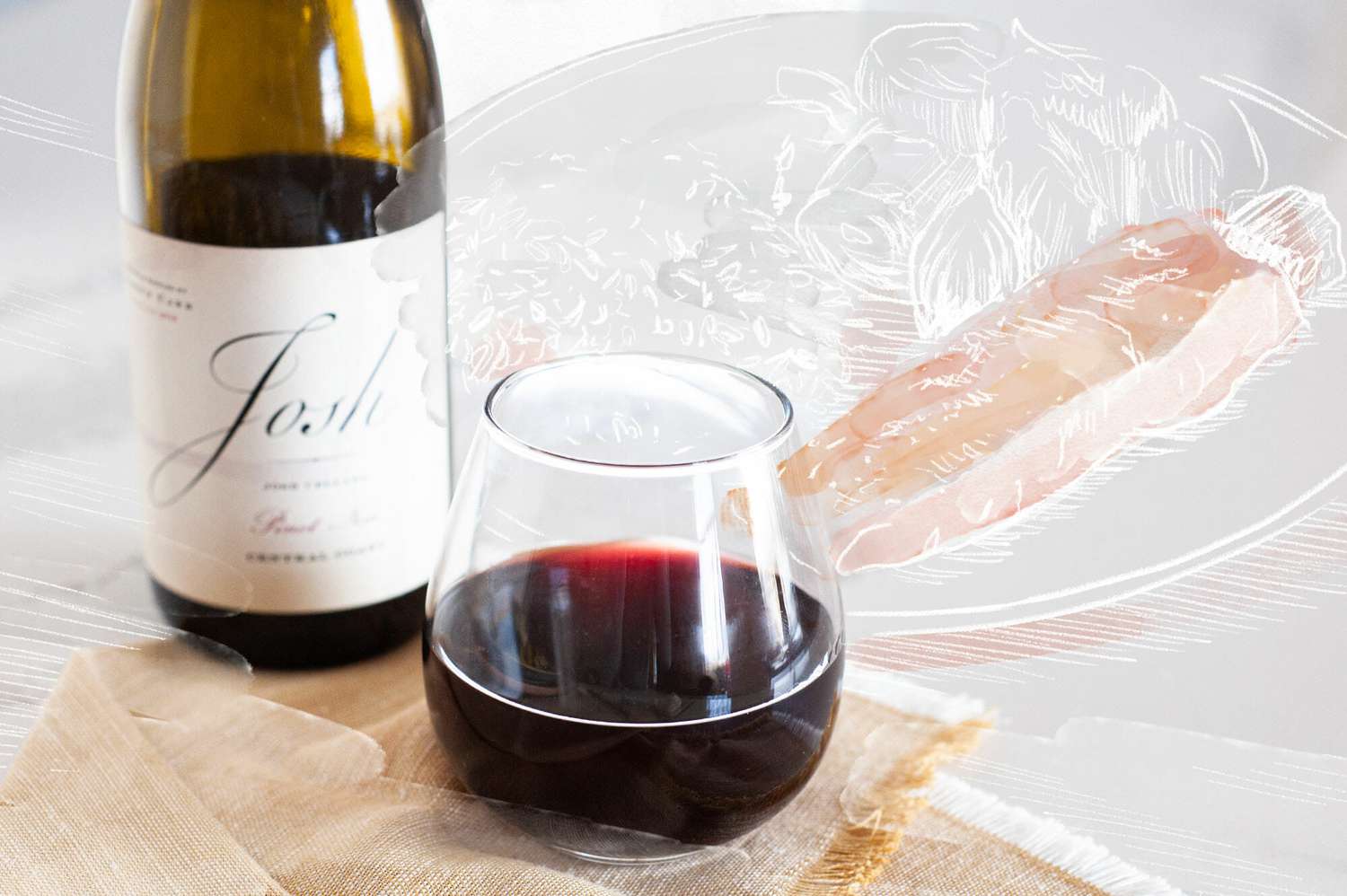 Pinot Noir and a drawing of a plated salmon.