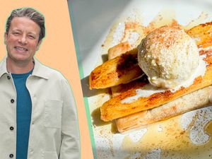 Jamie Oliver next to a tortilla dessert with caramelized bananas and ice cream