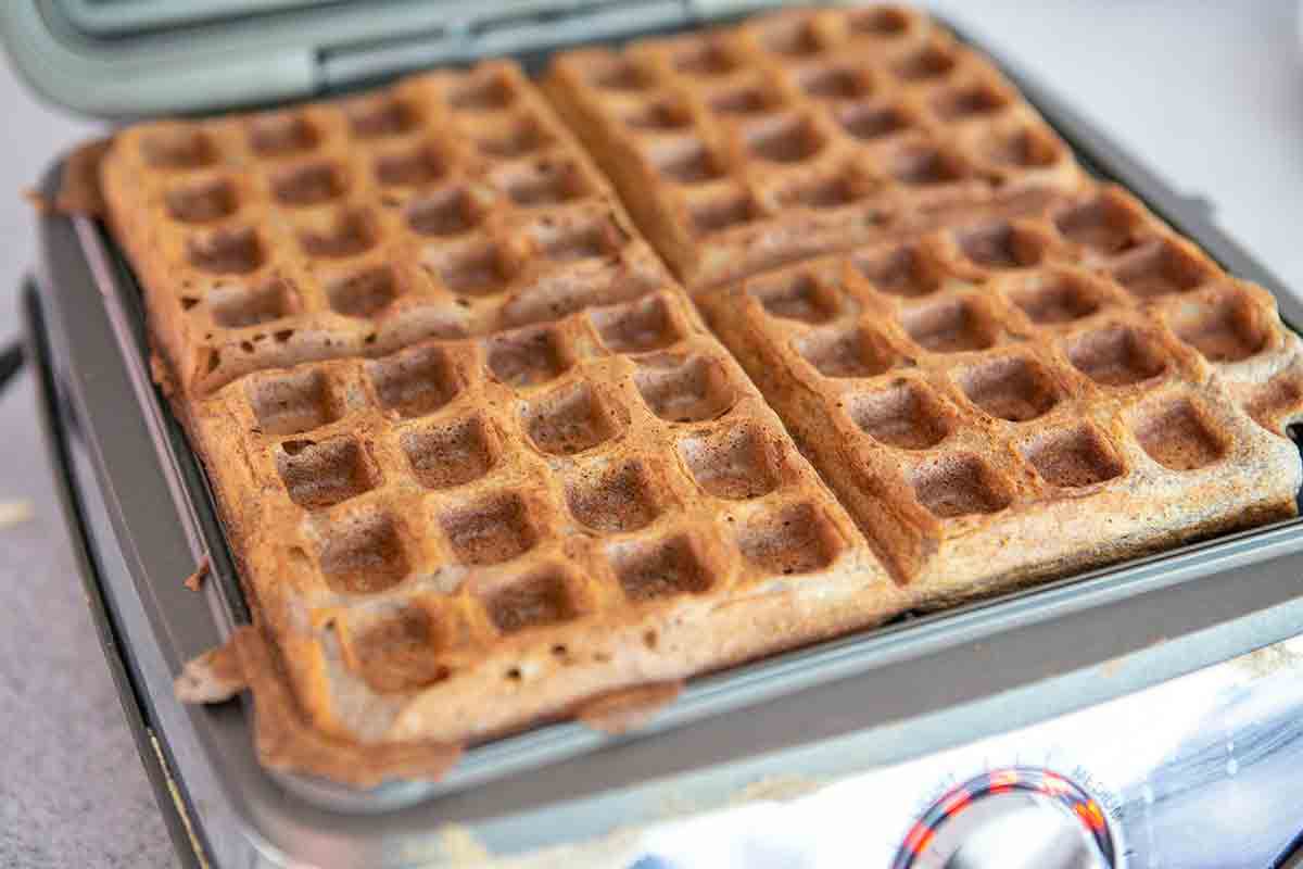cooked buckwheat waffles in waffle maker