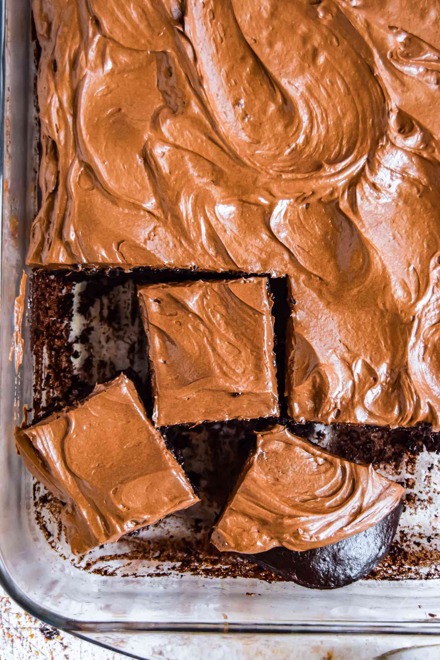Baking Pan of Chocolate Mayonnaise Sheet Cake with Slices Cut 