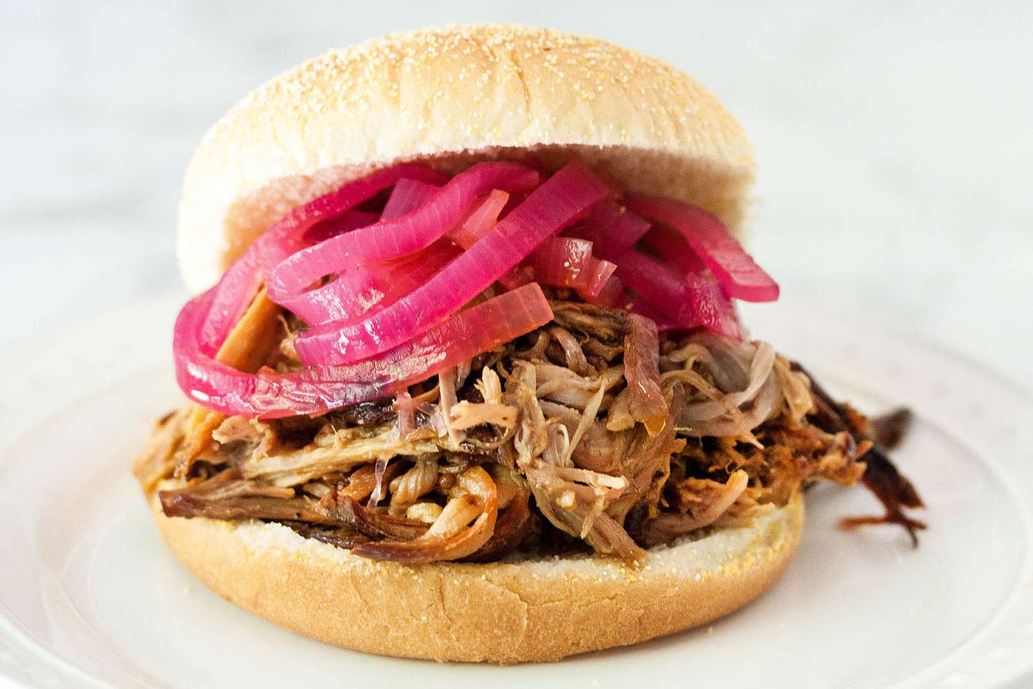 pulled pork sandwich with pickled onions