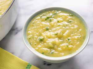 Leek and Potato Soup in a white bowl