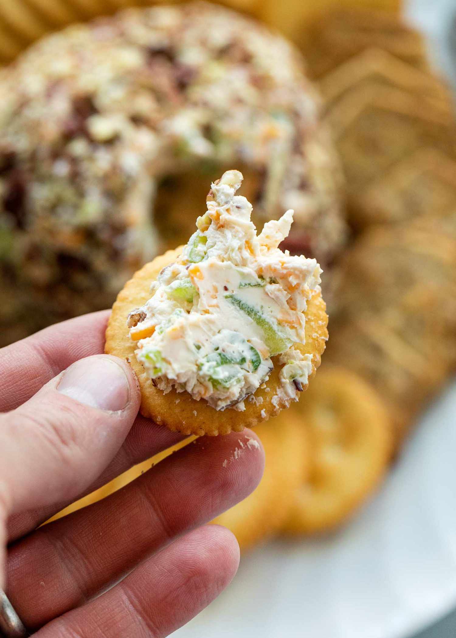 A person holding a round cracker spread with homemade cheese ball.