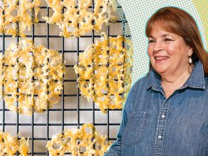 Ina Garten next to a rack of Parmesan crisps