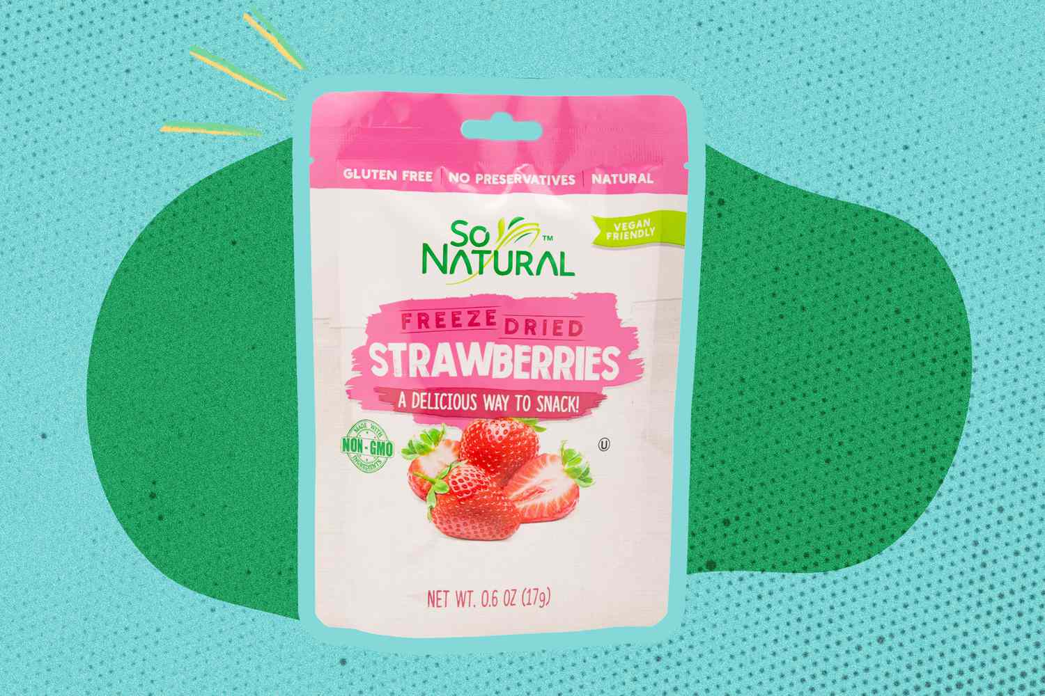So Natural Freeze Dried Strawberries package over a color-block background