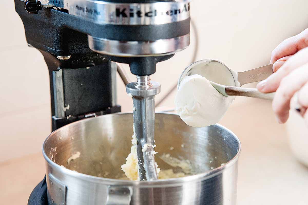 Lemon Pound Cake Recipe - adding sour cream to stand mixer