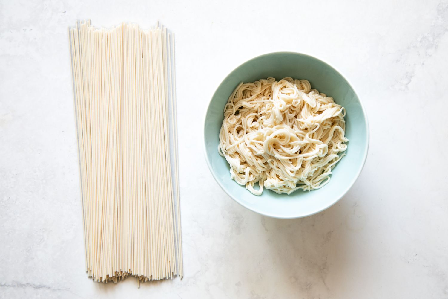 Dried Somen on the Left and Cooked Somen in a Bowl on the Right