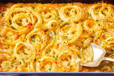 Tennessee Onions in a dish from above with a large spoon