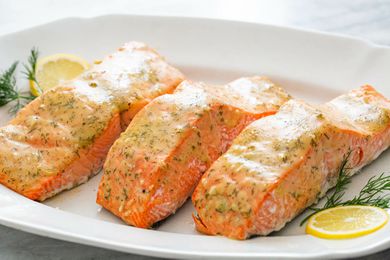 Baked Honey Mustard Salmon on a white platter