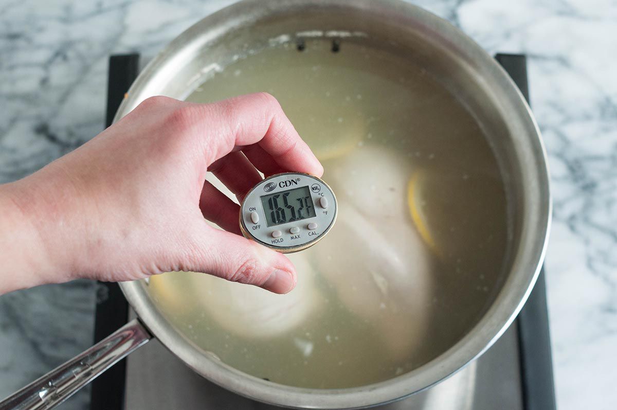 An instant-read thermometer inserted in a poached chicken breast reading 165 degrees Fahrenheit 
