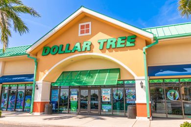 A Dollar Tree storefront with arched entry and green facade, palm trees framing the scene, sunny day in the background