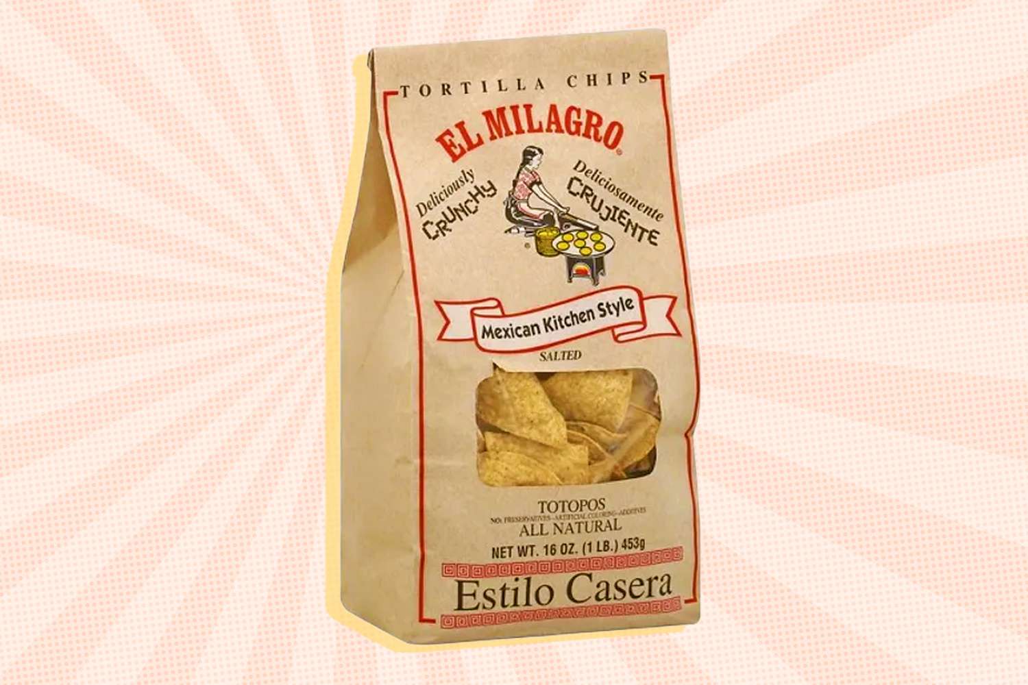 bag of El Milagro Corn Chips over a colorful background