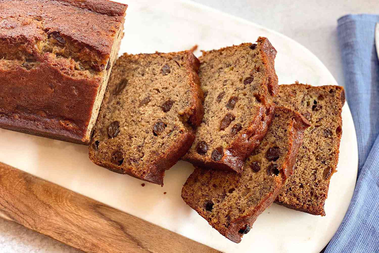 Rum Raisin Banana Bread Recipe with slices cut