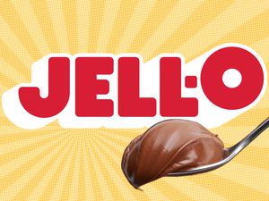 Jell-O logo and a spoonful of chocolate pudding