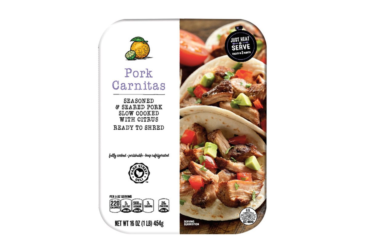 Packaging of seasoned pork carnitas ready-to-serve product with tacos as serving suggestion