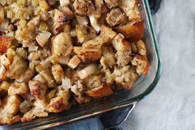 A baking dish with classic Thanksgiving sage, sausage and apple stuffing.