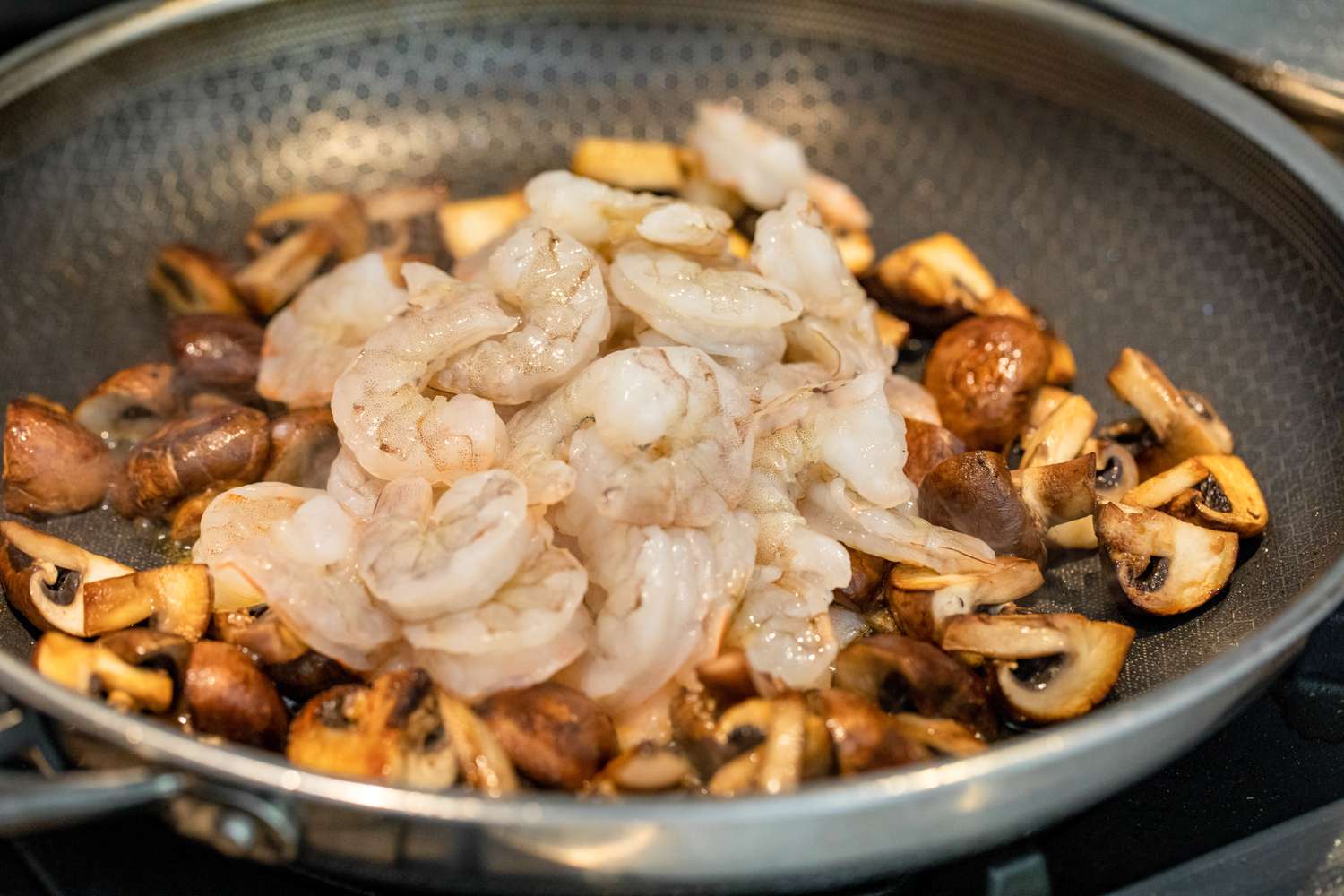 Shrimp Added to Mushrooms for Shrimp and Mushroom Stir Fry Recipe