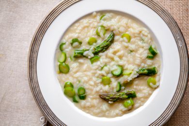 Asparagus Risotto in a White Bowl Plate