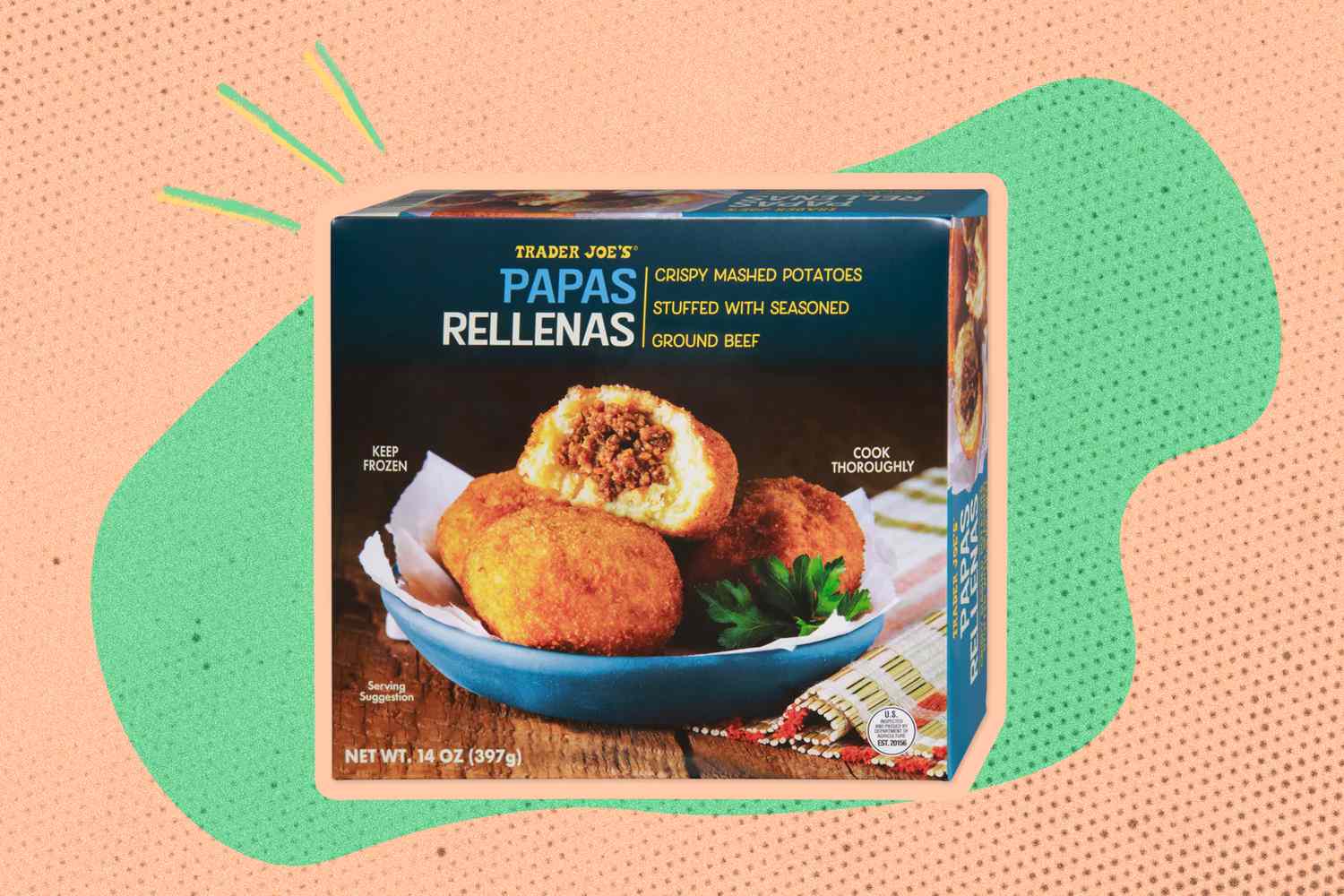 Trader Joe's Papas Rellenas boxes over a colorful background