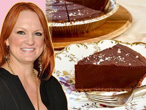 Ree Drummond next to a chocolate tart on a plate and in a dish