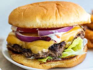 Close up view of a homemade smashburger.