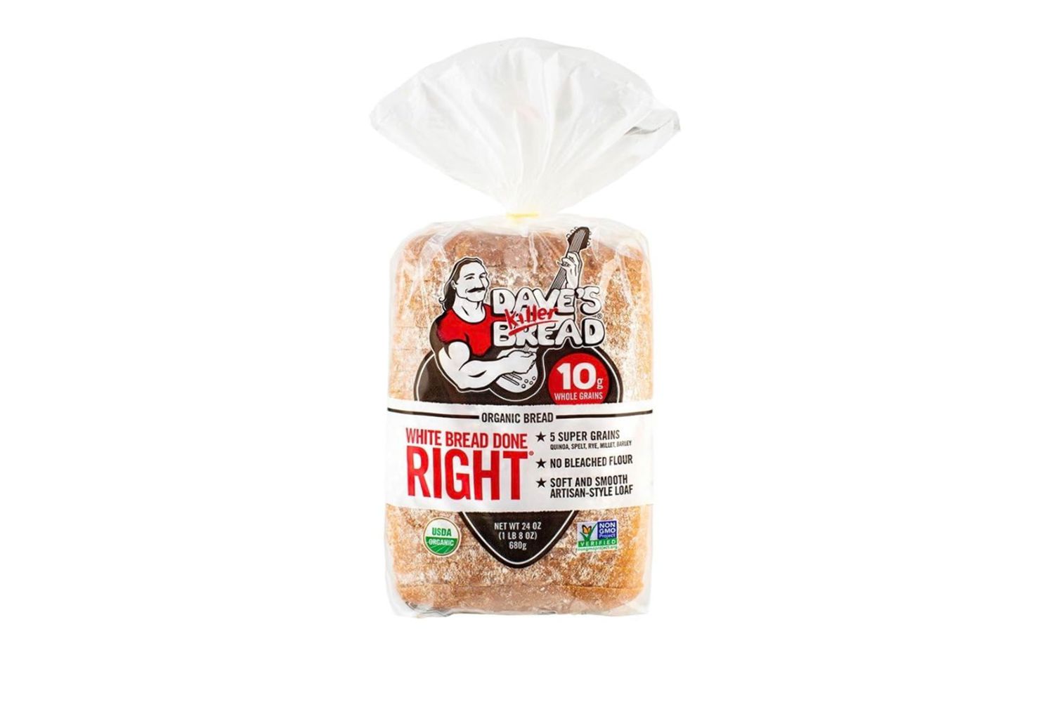 Top label view of a loaf of Dave's Killer Bread White Bread Done Right