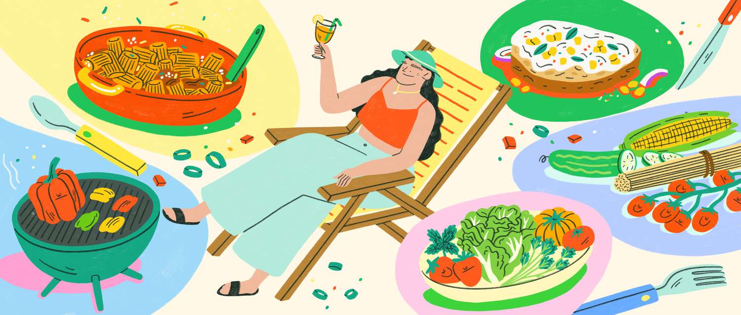 Person lounging on chair with lazy summer dinners around them