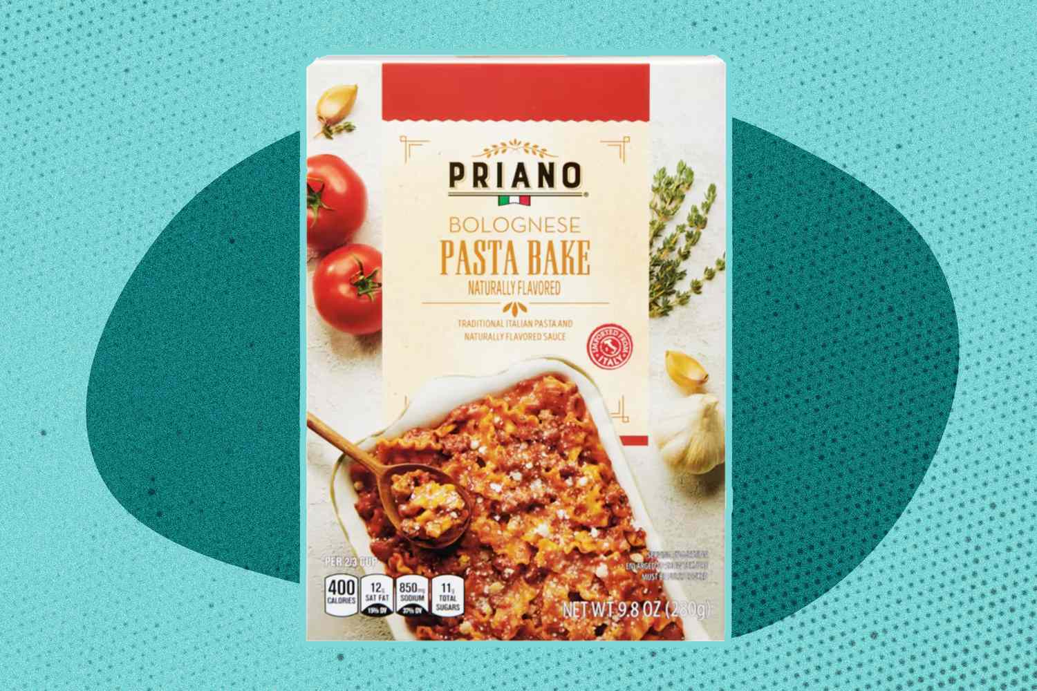 A box of Priano bolognese pasta bake on an illustrated background