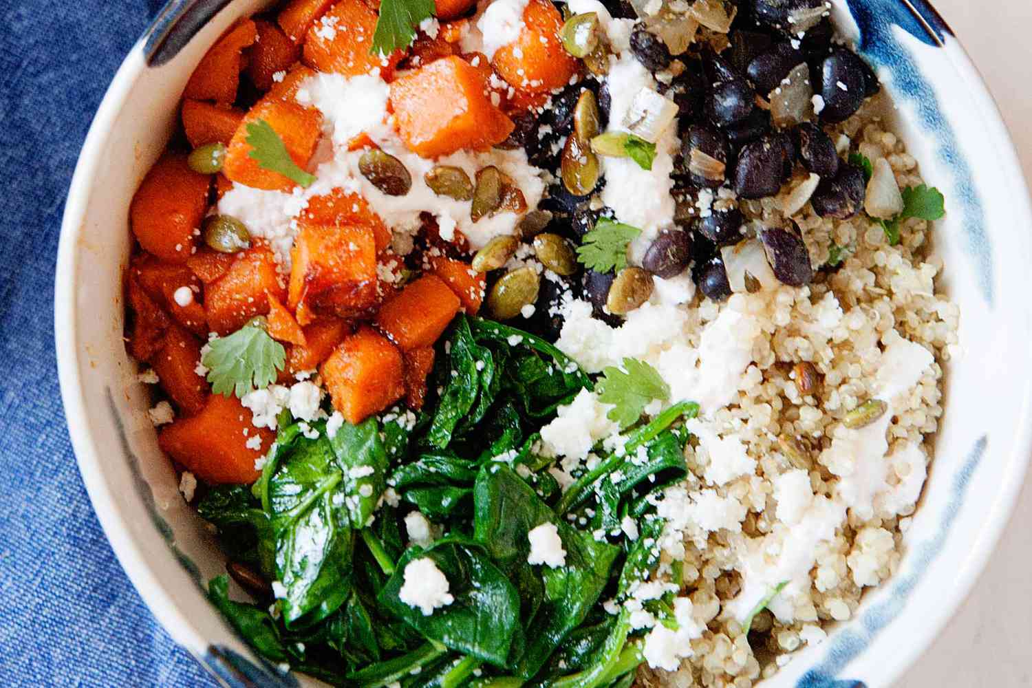 Sweet Potato Quinoa Bowl - Bowl with sweet potatoes, black beans, quinoa, and spinach