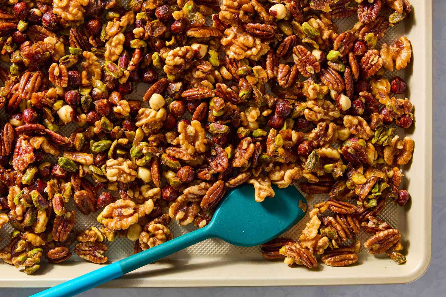 overhead view of Classic Mixed Nuts on a sheet pan
