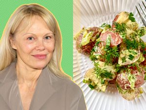 Pamela Anderson next to a photo of potato salad on a white plate