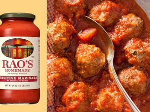 cutout of a jar of Rao's marinara on a yellow background next to a photo of meatballs in marinara sauce