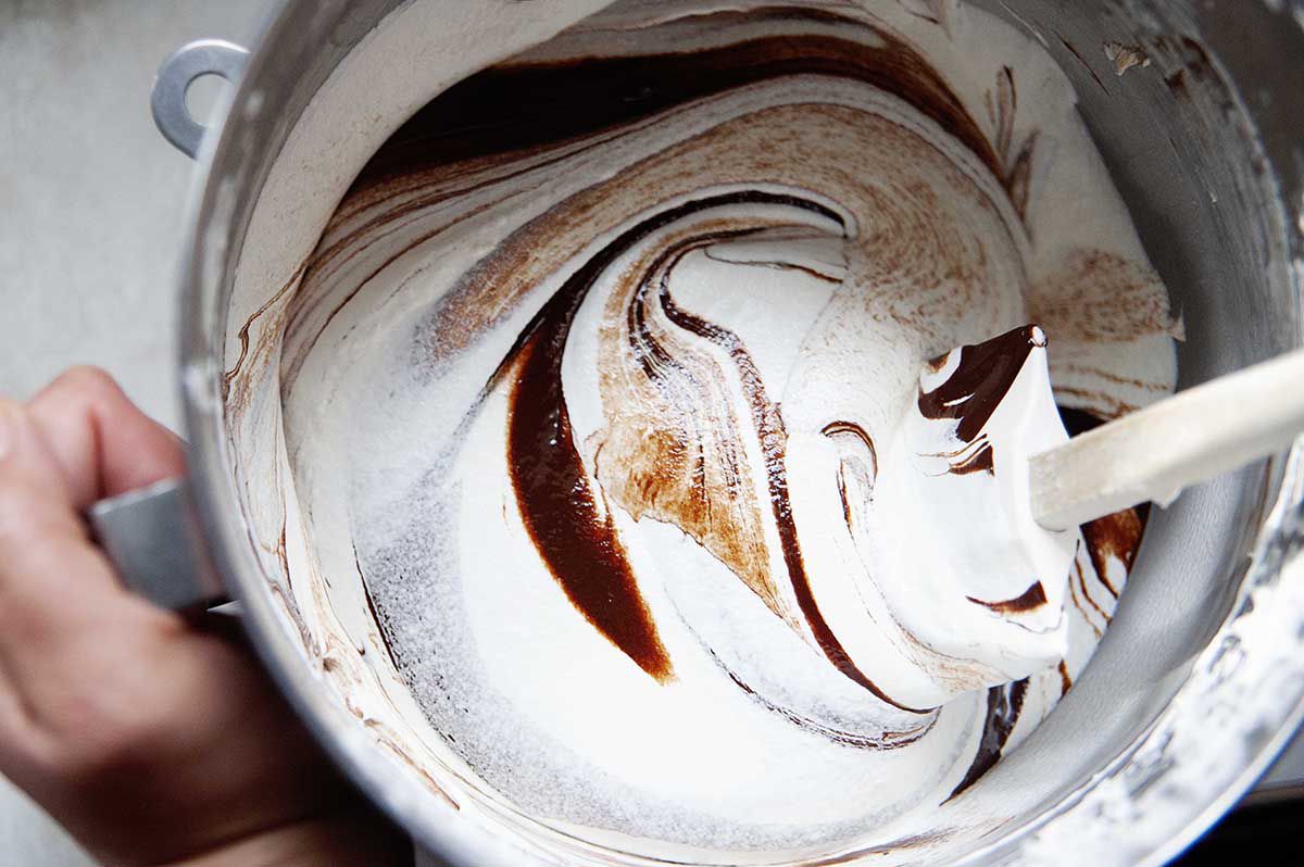 Swiss buttercream with melted chocolate folded into it. 