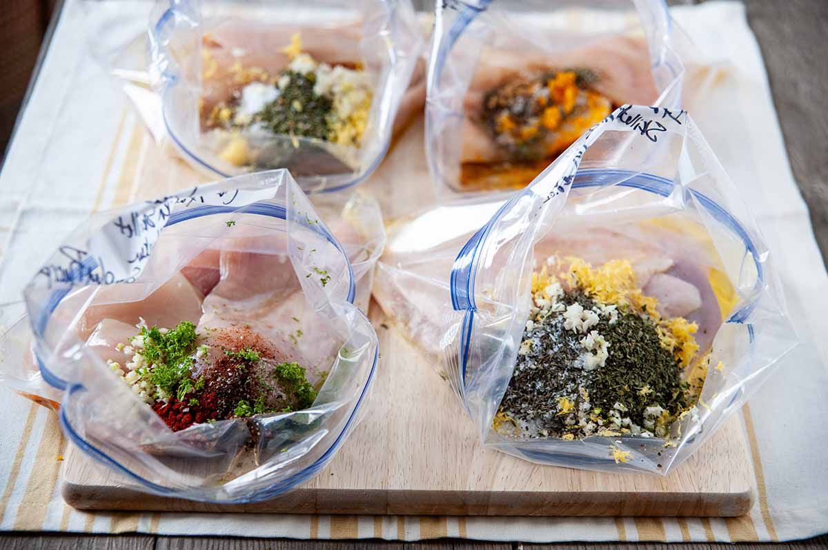 Fast and Easy Chicken Dinner - four bags of marinated chicken