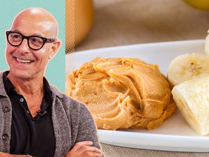 Stanley Tucci next to a photo of a plate with a big scoop of peanut butter on it next to some sliced banana
