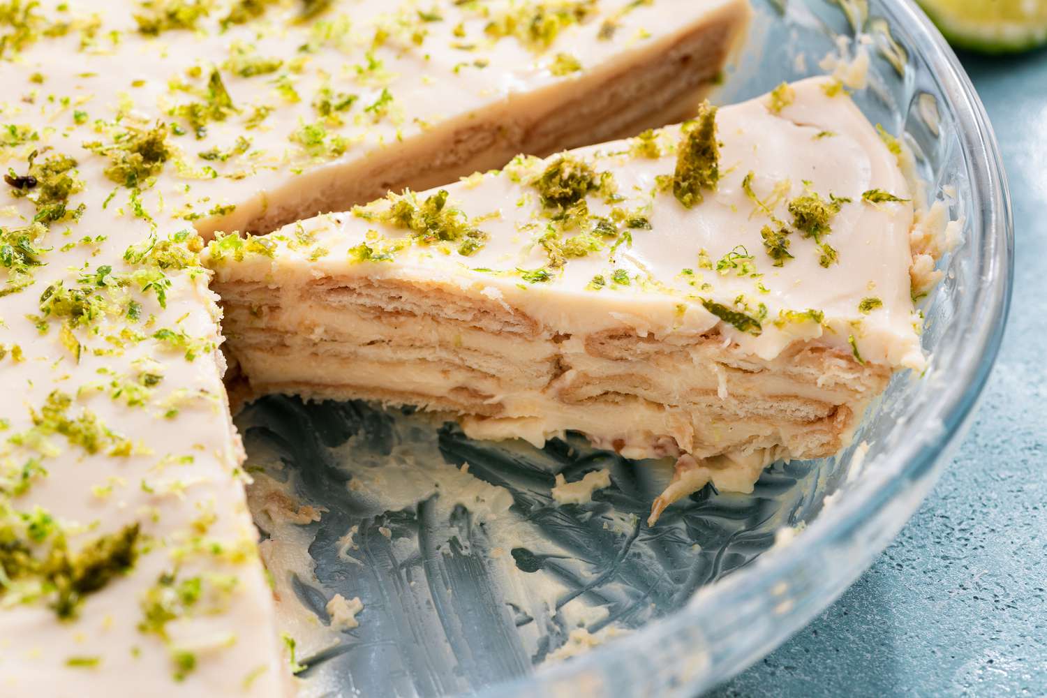 A slice of lime cracker pie in a dish