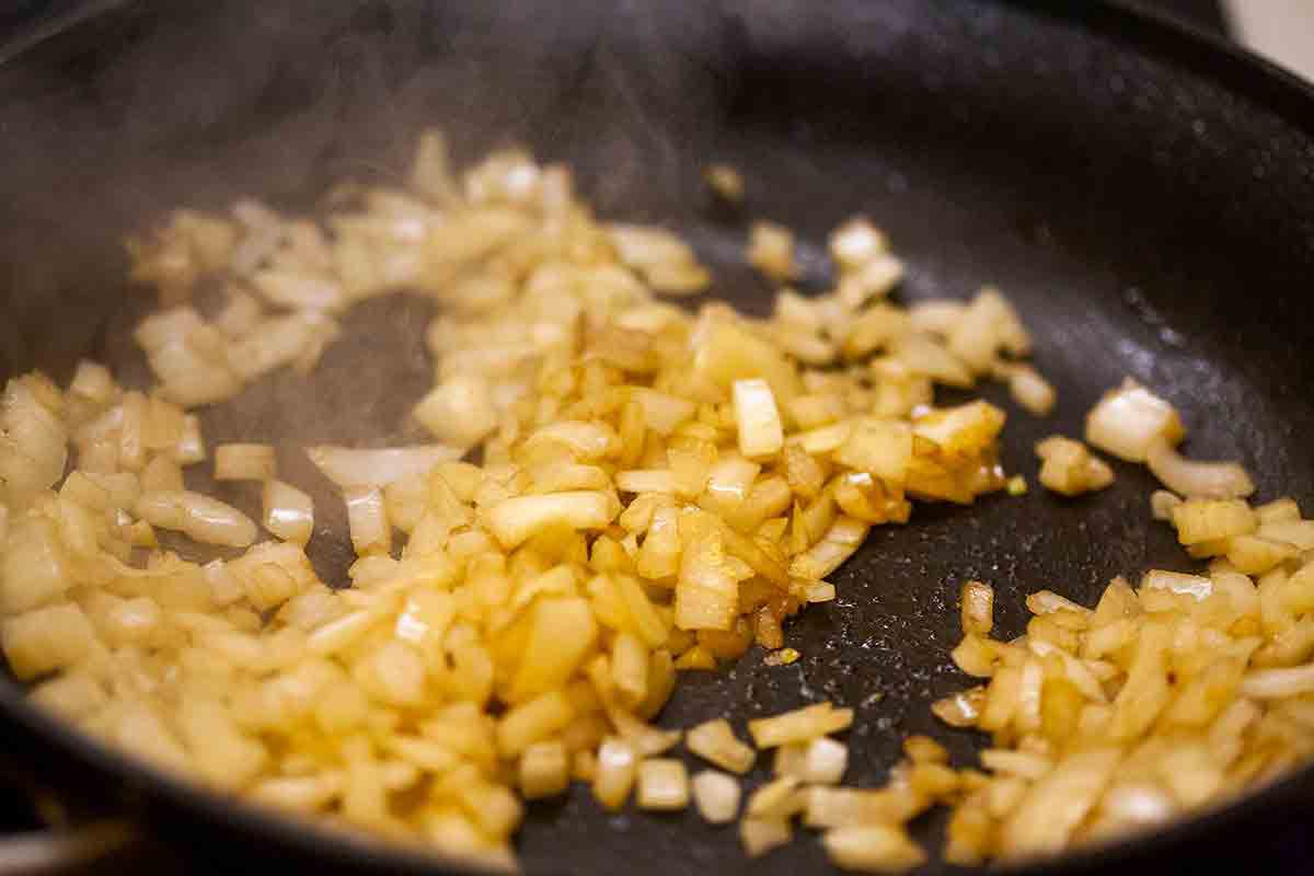 Chicken Rice Casserole Browning Onions in the skillet