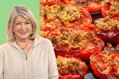 martha stewart cut out over a green background next to a photo of broiled tomatoes