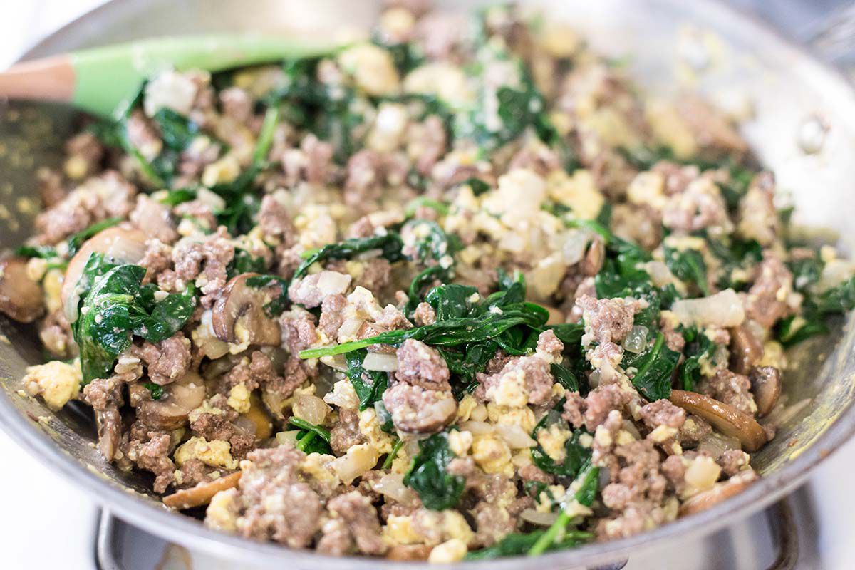 Joe's Special Scrambled Eggs with Spinach, Beef, and Mushrooms