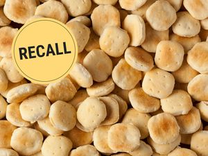 A close-up of crackers with a recall graphic stamped on top