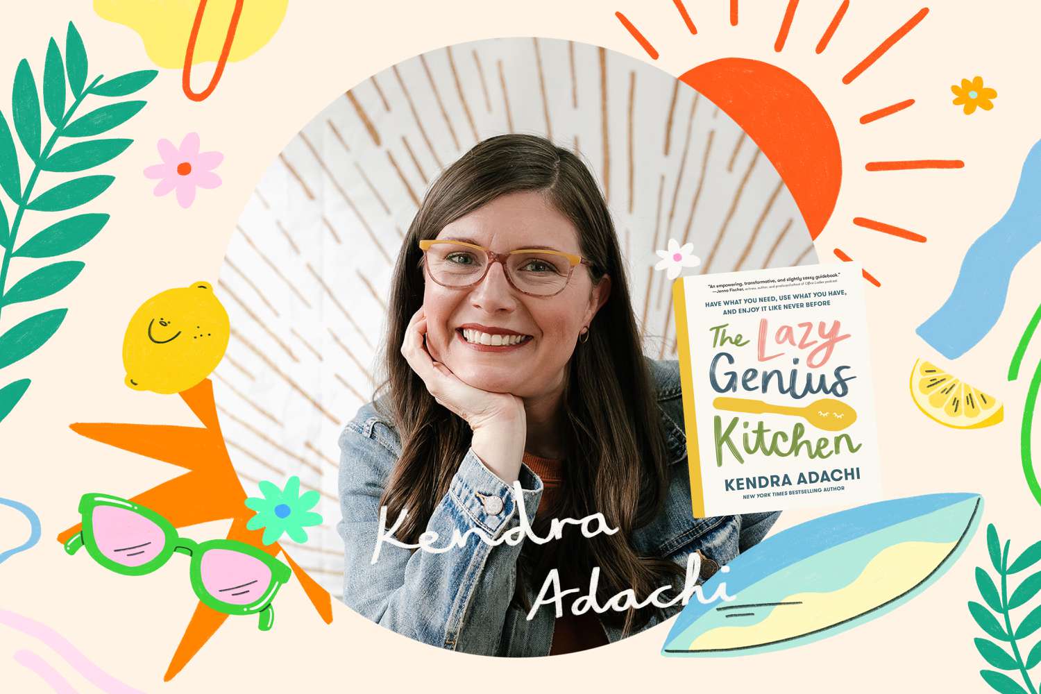 Kendra Adachi headshot with image of The Lazy Genius Kitchen book