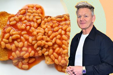 Gordon Ramsay cut-out over a color background and next to a photo of his favorite midnight snack (toast and beans)