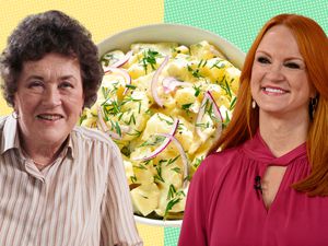 Julia Child and Ree Drummond in front of a dish of potato salad