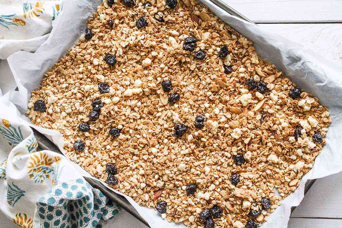 Cherry Vanilla Granola with Almonds combine the granola crumbles and cherries