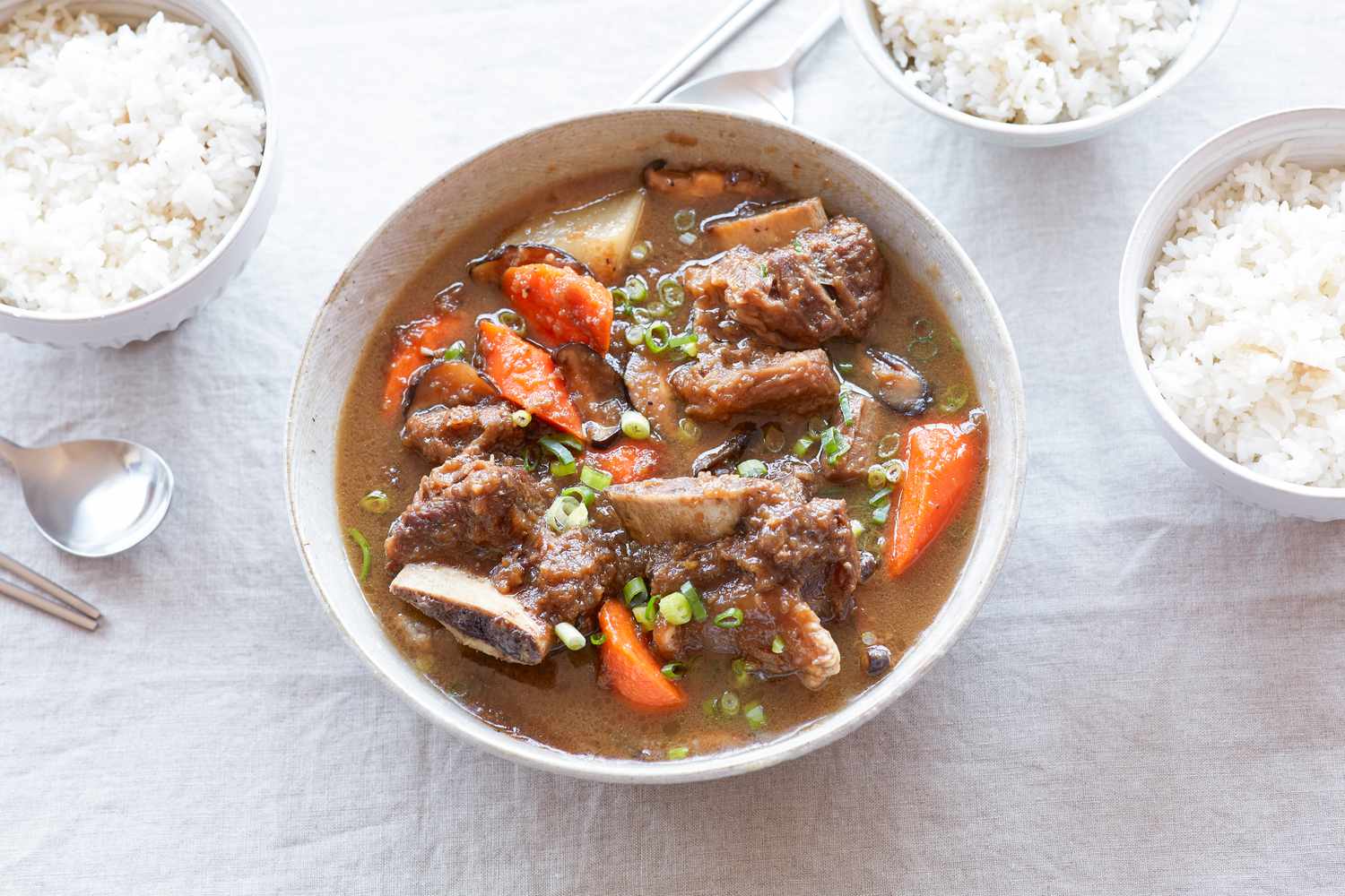 Overhead view of a bowl of sweet and savory Korean braised short ribs