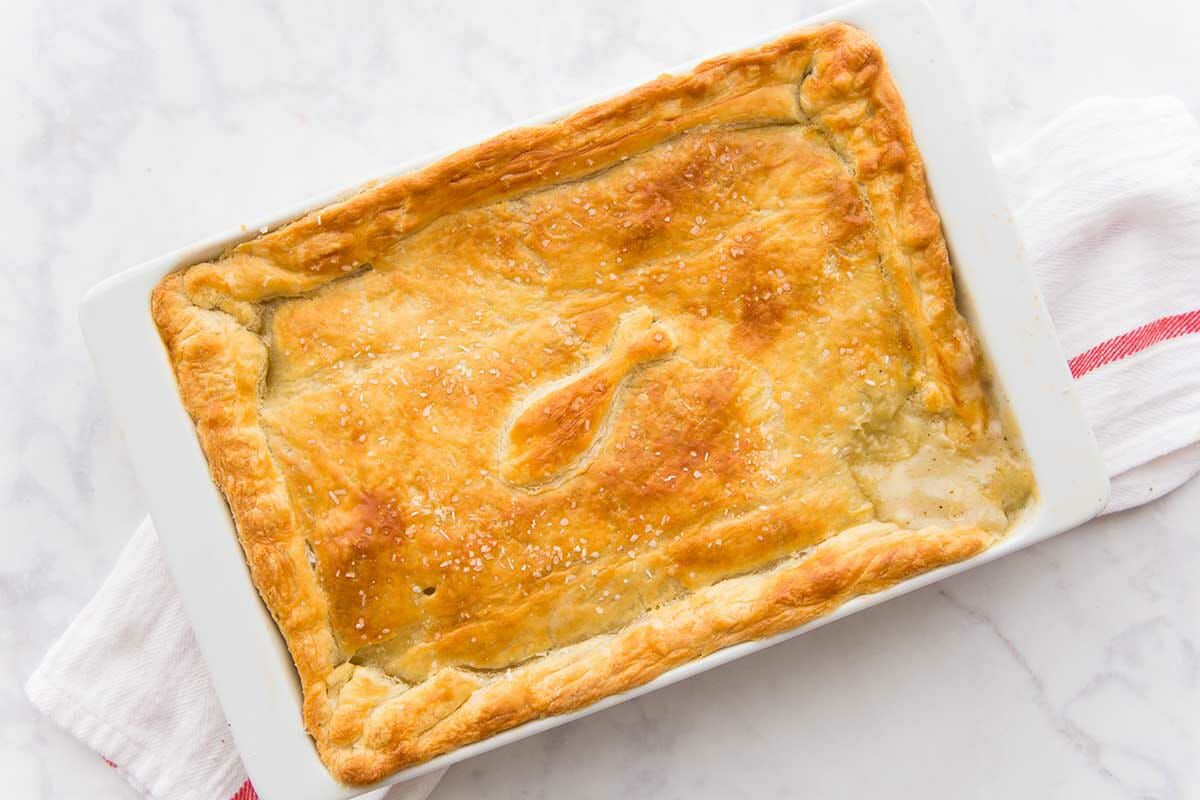 Overhead view of Homemade Chicken Pot Pie in a casserole dish.