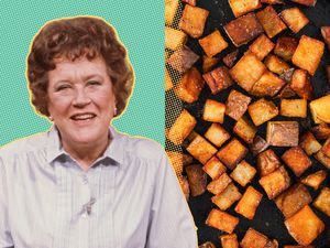 Julia Child, accompanied by diced potatoes on a background