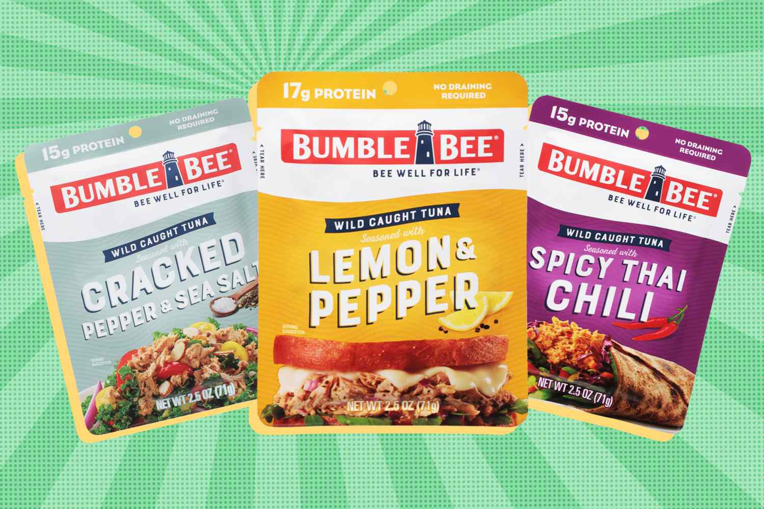 Bumble tuna packets over a colorful background